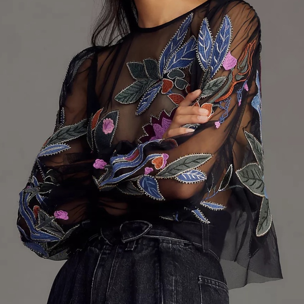 NWT sheer The Layla Long Sleeve appliqué mesh blouse
